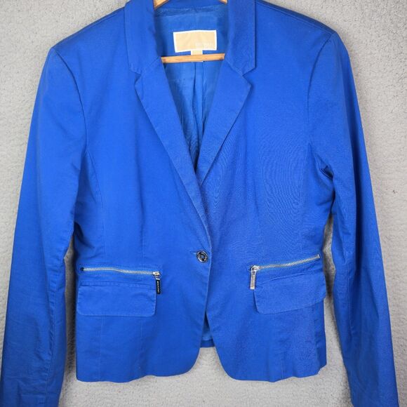 Michael Kors Women Blazer Jacket 14 Blue Zip Pocket Fitted Trendy Stretch - Picture 5 of 12